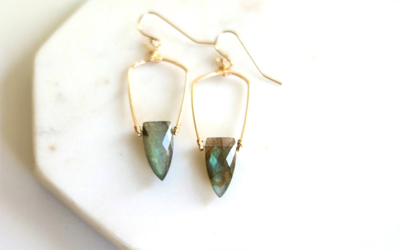 Statement Labradorite earrings art deco Surf shield dagger blue and gold Earrings seagreen jewelry, gift under 100 Vitrinedesigns image 2