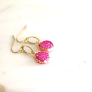 Hot pink Druzy Earrings fuchsia drops pink and gold gift for her under 50 VitrineDesigns image 4