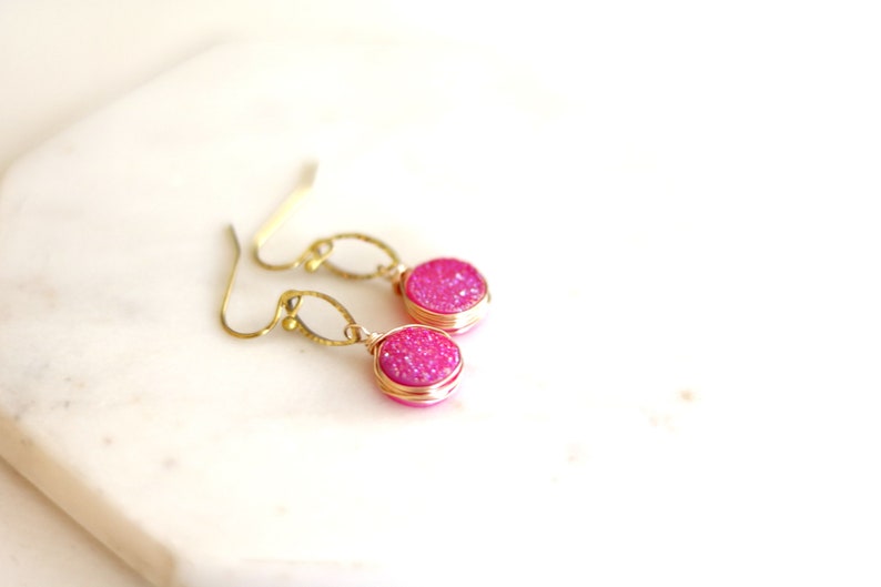 Hot pink Druzy Earrings fuchsia drops pink and gold gift for her under 50 VitrineDesigns image 4