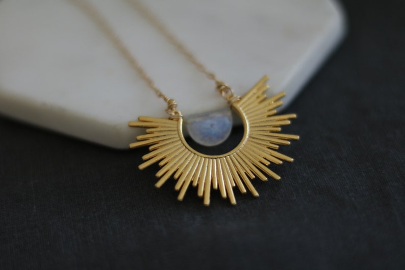 Sunburst Necklace with Black Copper Turquoise, as seen on Firefly LaneLabradorite, Rainbow moonstone VitrineDesigns Statement necklace image 10