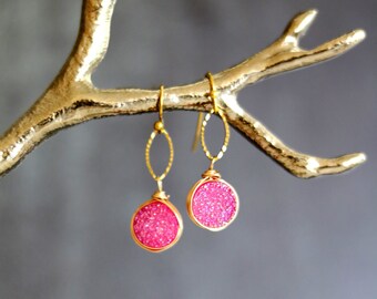 Hot pink Druzy Earrings fuchsia drops pink and gold gift for her under 50 VitrineDesigns