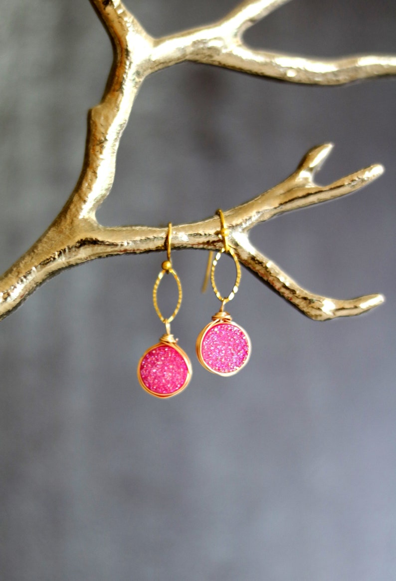 Hot pink Druzy Earrings fuchsia drops pink and gold gift for her under 50 VitrineDesigns image 1