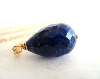 Lapis Lazuli Pendant Necklace 14k goldfilled 18mm lapis large Gemstone Gift for her under 100 Navy Blue gold Cobalt Blue