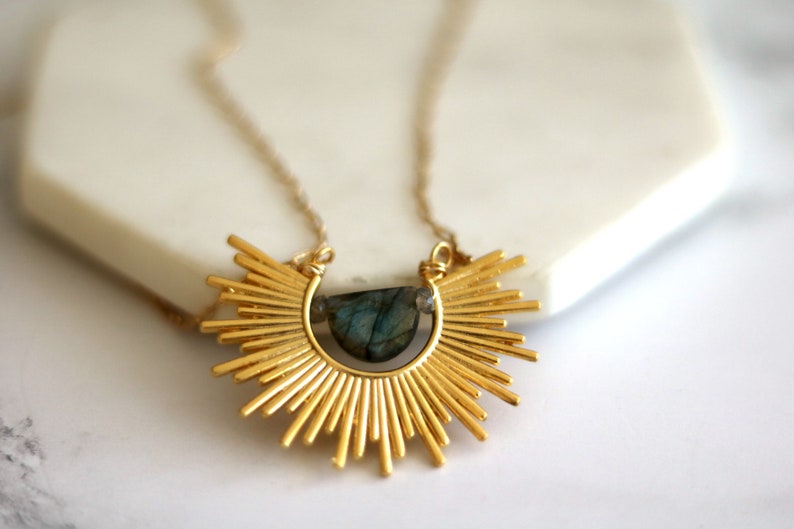 Sunburst Necklace with Black Copper Turquoise, as seen on Firefly LaneLabradorite, Rainbow moonstone VitrineDesigns Statement necklace image 9