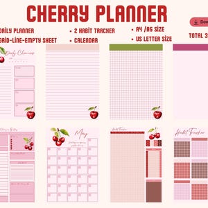 Könnte beinhalten: Ein rosa-weißer Cherry-Planer mit täglichen Seiten, Gewohnheitstracker und Kalenderseiten. Der Planer enthält A4/A5- und US-Letter-Größen mit insgesamt 31 Seiten. Der Titel "CHERRY PLANNER" steht oben.
