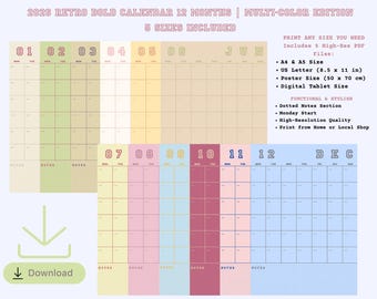 Könnte beinhalten: Ein mehrfarbiger Retro-Kalender 2026 mit 12 Monaten. Der Kalender enthält 5 Größen: A4, A5, US Letter (21,6 x 27,9 cm), Postergröße (50 x 70 cm) und digitale Tablet-Größe. Er hat einen gepunkteten Notizbereich und beginnt am Montag.