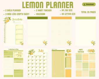Puede incluir: Un planificador digital con temática de limón con 25 páginas, que incluye planificadores diarios, rastreadores de hábitos y un calendario. El diseño presenta ilustraciones de limones y está disponible en tamaños A4/A5 y US Letter.