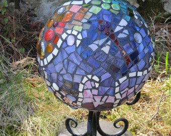 Mosaic gazing ball Made to Order using stained glass, found objects, shells, stones, stained glass