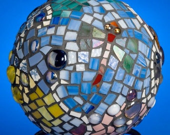 Mosaic Gazing Ball Garden Art with Dragonfly, birds, flowers, bees, animals…