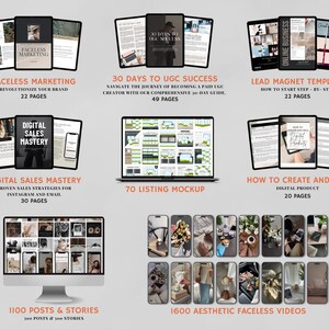 Peut inclure: Une collection de produits num&eacute;riques pour les entrepreneurs en ligne, comprenant des guides sur le marketing sans visage, le succ&egrave;s de l'UGC, les mod&egrave;les de lead magnet, la ma&icirc;trise des ventes num&eacute;riques et la cr&eacute;ation et la vente de produits num&eacute;riques. L'image comprend &eacute;galement une maquette de 70 listes et 1&nbsp;600 vid&eacute;os esth&eacute;tiques sans visage.