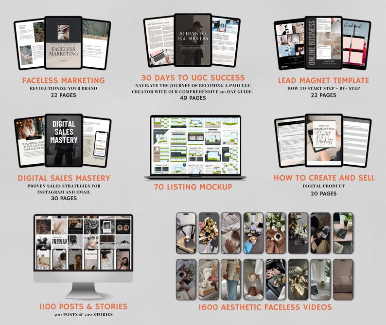 Peut inclure: Une collection de produits num&eacute;riques pour les entrepreneurs en ligne, comprenant des guides sur le marketing sans visage, le succ&egrave;s de l'UGC, les mod&egrave;les de lead magnet, la ma&icirc;trise des ventes num&eacute;riques et la cr&eacute;ation et la vente de produits num&eacute;riques. L'image comprend &eacute;galement une maquette de 70 listes et 1&nbsp;600 vid&eacute;os esth&eacute;tiques sans visage.