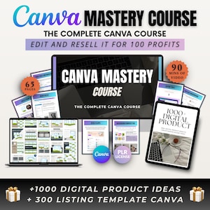 Puede incluir: Un anuncio del curso Canva Mastery. La imagen presenta una computadora portátil, una tableta y varias impresiones. El texto incluye "Canva Mastery Course", "Edit and Resell it for 100 Profits" y "1000+ Digital Product Ideas". La combinación de colores es azul, morado y blanco.