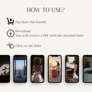 May include: A collage of six images showing different phone screens. The images show a variety of scenes, including a cityscape, a woman in a white dress, a woman with a suitcase, a woman sitting on a chair, and a cup of coffee.