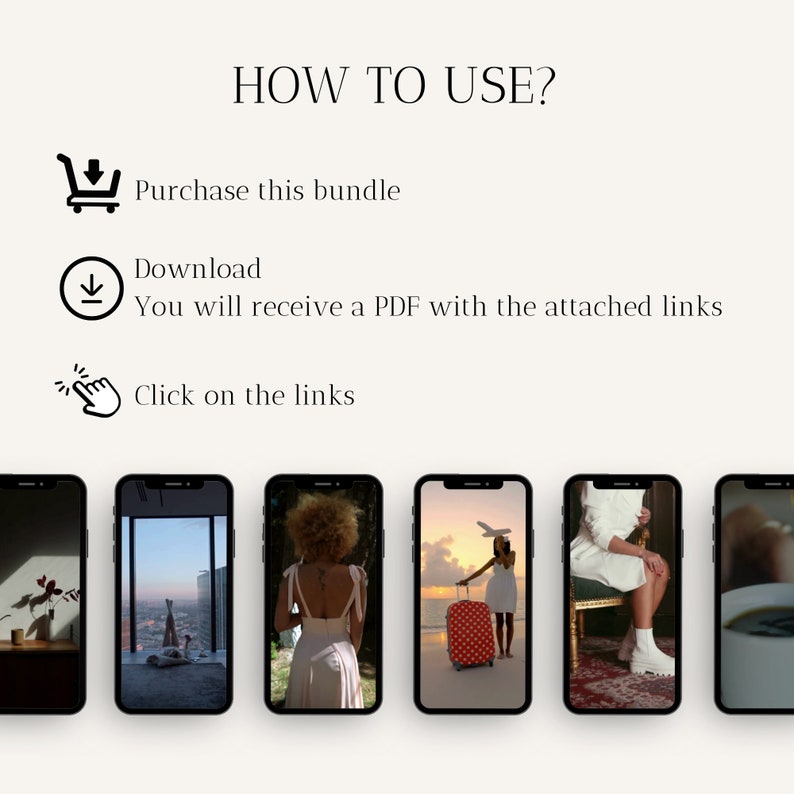 May include: A collage of six images showing different phone screens. The images show a variety of scenes, including a cityscape, a woman in a white dress, a woman with a suitcase, a woman sitting on a chair, and a cup of coffee.