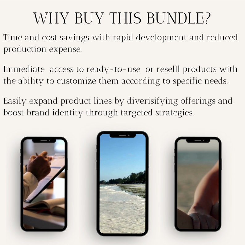 May include: Three smartphone screens showing different images. The first screen shows a hand writing on a notepad. The second screen shows a beach scene with white sand and blue water. The third screen shows a hand holding a smartphone.