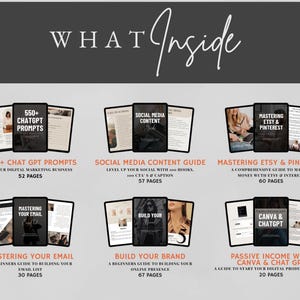 Peut inclure: Une mosa&iuml;que de six couvertures de produits num&eacute;riques, chacune pr&eacute;sentant un sujet diff&eacute;rent li&eacute; aux affaires en ligne et au marketing. Les couvertures sont con&ccedil;ues dans une esth&eacute;tique moderne avec des arri&egrave;re-plans noir et blanc et du texte en gras. Les sujets comprennent : 550+ invites Chat GPT, Guide de contenu des m&eacute;dias sociaux, Ma&icirc;triser Etsy & Pinterest, Ma&icirc;triser votre e-mail, Construire votre marque et Revenus passifs avec Canva & Chat GPT.