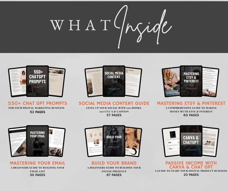 Peut inclure: Une mosa&iuml;que de six couvertures de produits num&eacute;riques, chacune pr&eacute;sentant un sujet diff&eacute;rent li&eacute; aux affaires en ligne et au marketing. Les couvertures sont con&ccedil;ues dans une esth&eacute;tique moderne avec des arri&egrave;re-plans noir et blanc et du texte en gras. Les sujets comprennent : 550+ invites Chat GPT, Guide de contenu des m&eacute;dias sociaux, Ma&icirc;triser Etsy & Pinterest, Ma&icirc;triser votre e-mail, Construire votre marque et Revenus passifs avec Canva & Chat GPT.