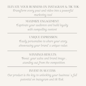 May include: Text graphic with the title "Elevate Your Business on Instagram & Tik Tok" and a list of four benefits: Maximize Engagement, Unique Expression, Winnings Results, and Invest in Success. The text describes how to transform every post and video into a powerful marketing tool.