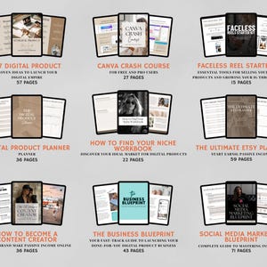 Peut inclure: Une mosa&iuml;que de neuf couvertures de produits num&eacute;riques, chacune pr&eacute;sentant un titre et un nombre de pages diff&eacute;rents. Les couvertures sont con&ccedil;ues dans un style moderne et minimaliste, ax&eacute; sur les produits num&eacute;riques pour les entrepreneurs et les cr&eacute;ateurs. Les titres incluent "177 produits num&eacute;riques", "Cours acc&eacute;l&eacute;r&eacute; Canva", "Kit de d&eacute;marrage pour bobines sans visage", "Planificateur de produits num&eacute;riques", "Comment trouver votre cr&eacute;neau - Guide pratique", "Le planificateur Etsy ultime", "Comment devenir un cr&eacute;ateur de contenu", "Le plan d'affaires", et "Guide du marketing sur les m&eacute;dias sociaux".