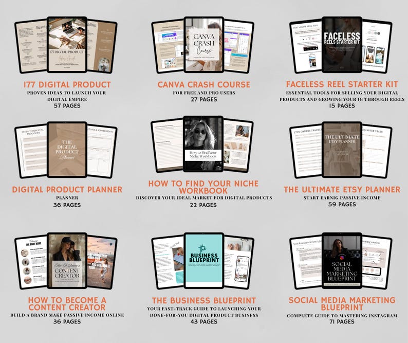 Peut inclure: Une mosa&iuml;que de neuf couvertures de produits num&eacute;riques, chacune pr&eacute;sentant un titre et un nombre de pages diff&eacute;rents. Les couvertures sont con&ccedil;ues dans un style moderne et minimaliste, ax&eacute; sur les produits num&eacute;riques pour les entrepreneurs et les cr&eacute;ateurs. Les titres incluent "177 produits num&eacute;riques", "Cours acc&eacute;l&eacute;r&eacute; Canva", "Kit de d&eacute;marrage pour bobines sans visage", "Planificateur de produits num&eacute;riques", "Comment trouver votre cr&eacute;neau - Guide pratique", "Le planificateur Etsy ultime", "Comment devenir un cr&eacute;ateur de contenu", "Le plan d'affaires", et "Guide du marketing sur les m&eacute;dias sociaux".