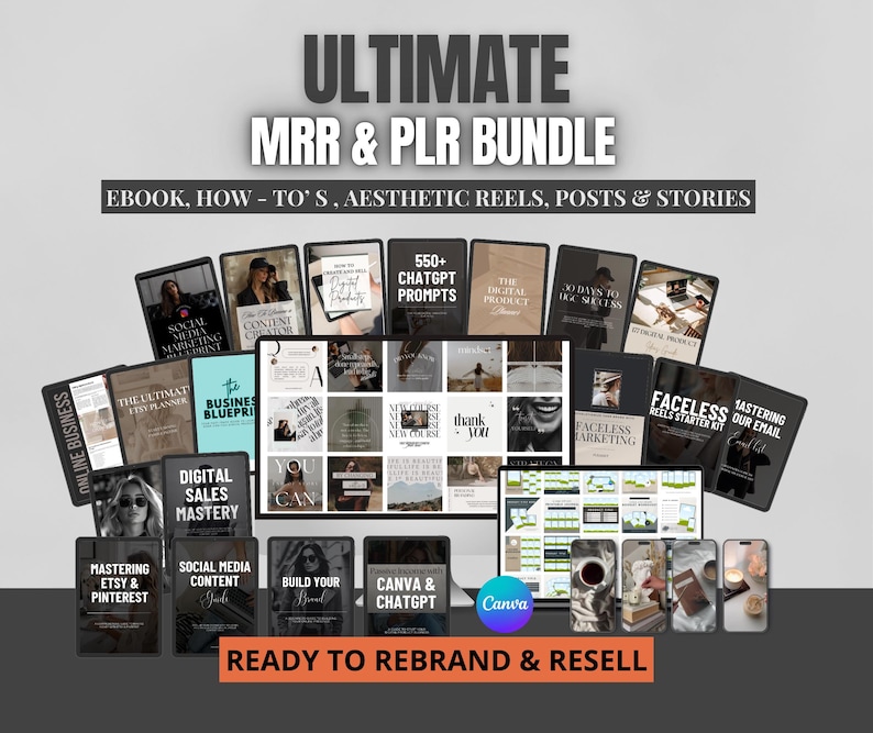 Peut inclure: Une collection de produits num&eacute;riques pour les entrepreneurs en ligne, comprenant des livres &eacute;lectroniques, des guides pratiques et des mod&egrave;les de m&eacute;dias sociaux. Les produits sont con&ccedil;us pour aider les entrepreneurs &agrave; construire leurs entreprises et &agrave; d&eacute;velopper leur pr&eacute;sence en ligne. L'image pr&eacute;sente une vari&eacute;t&eacute; de produits num&eacute;riques, notamment un cours de ma&icirc;trise de la vente num&eacute;rique, un guide de contenu pour les m&eacute;dias sociaux et un guide Canva et ChatGPT. L'image comprend &eacute;galement une vari&eacute;t&eacute; de mod&egrave;les de m&eacute;dias sociaux, notamment des bobines, des publications et des histoires. L'image est con&ccedil;ue pour &ecirc;tre visuellement attrayante et informative, et elle met en &eacute;vidence les principales caract&eacute;ristiques des produits.