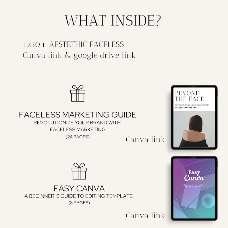 May include: A digital product bundle with two e-books, "Faceless Marketing Guide" and "Easy Canva", with a gift box icon and the text "1250+ Aesthetic Faceless Canva link & google drive link".
