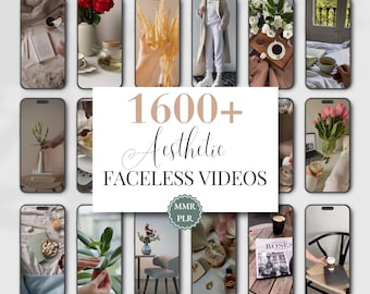 Könnte beinhalten: Eine Collage aus über 1600 ästhetischen Videos ohne Gesichter, die eine Vielzahl von Szenen zeigen, darunter Blumen, Pflanzen, Bücher, Kaffee und andere Alltagsgegenstände. Der Text "1600+ Ästhetische Videos ohne Gesichter" wird in einer großen Schriftart angezeigt, darunter der Text "MMR PLR" in einer kleineren Schriftart.