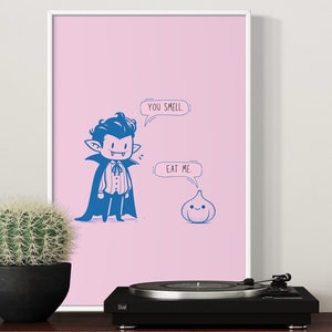Funny Vampire and Garlic Digital Print l Pun l Pink Blue l Cute l Poster l Adorable Horror Fantasy l Joke l Minimalist Art l Aesthetic Decor