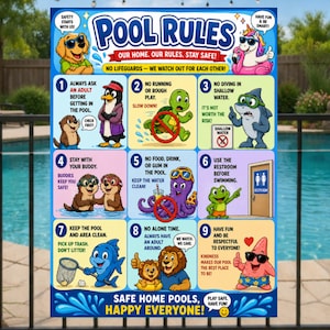 Kids Pool Rules Sign: Cartoon Safety Poster (13x19 Laminated)