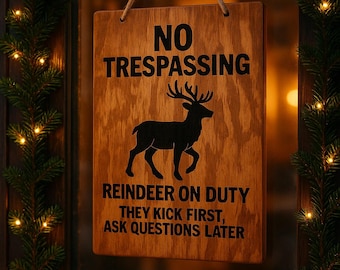 Könnte beinhalten: Holzschild mit dem Text "NO TRESPASSING" und "REINDEER ON DUTY" mit einer Rentiersilhouette. Das Schild hängt in einem Fenster, das mit Weihnachtsbeleuchtung und Grün geschmückt ist.