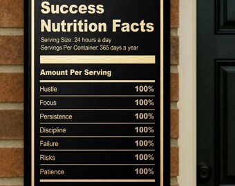 May include: A black and gold sign with the text "Success Nutrition Facts." The sign lists "Hustle," "Focus," "Persistence," "Discipline," "Failure," "Risks," and "Patience" as ingredients, each at 100%.