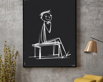 May include: Black framed art print featuring a white sketch of a person sitting on a bench, with a hand supporting the chin. The artwork is set against a black background. The art is displayed on a gray concrete wall.