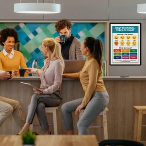K&ouml;nnte beinhalten: Ein gerahmtes "DAILY EMOTIONAL CHECK-IN CHART" h&auml;ngt an einer Wand. Die Tabelle zeigt Emoji-Gesichter, die verschiedene Emotionen und vorgeschlagene Bed&uuml;rfnisse darstellen. Mehrere Personen versammeln sich an einer Theke, einige halten Tassen.