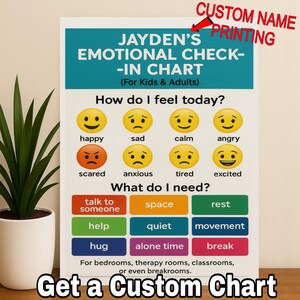 K&ouml;nnte beinhalten: Ein individuelles Emotions-Check-in-Diagramm f&uuml;r Kinder und Erwachsene mit einem t&uuml;rkisfarbenen Header und dem Namen "Jayden's". Das Diagramm zeigt Emoticons f&uuml;r Gef&uuml;hle wie gl&uuml;cklich, traurig und w&uuml;tend sowie Bed&uuml;rfnisse wie "Ruhe" und "Umarmung".