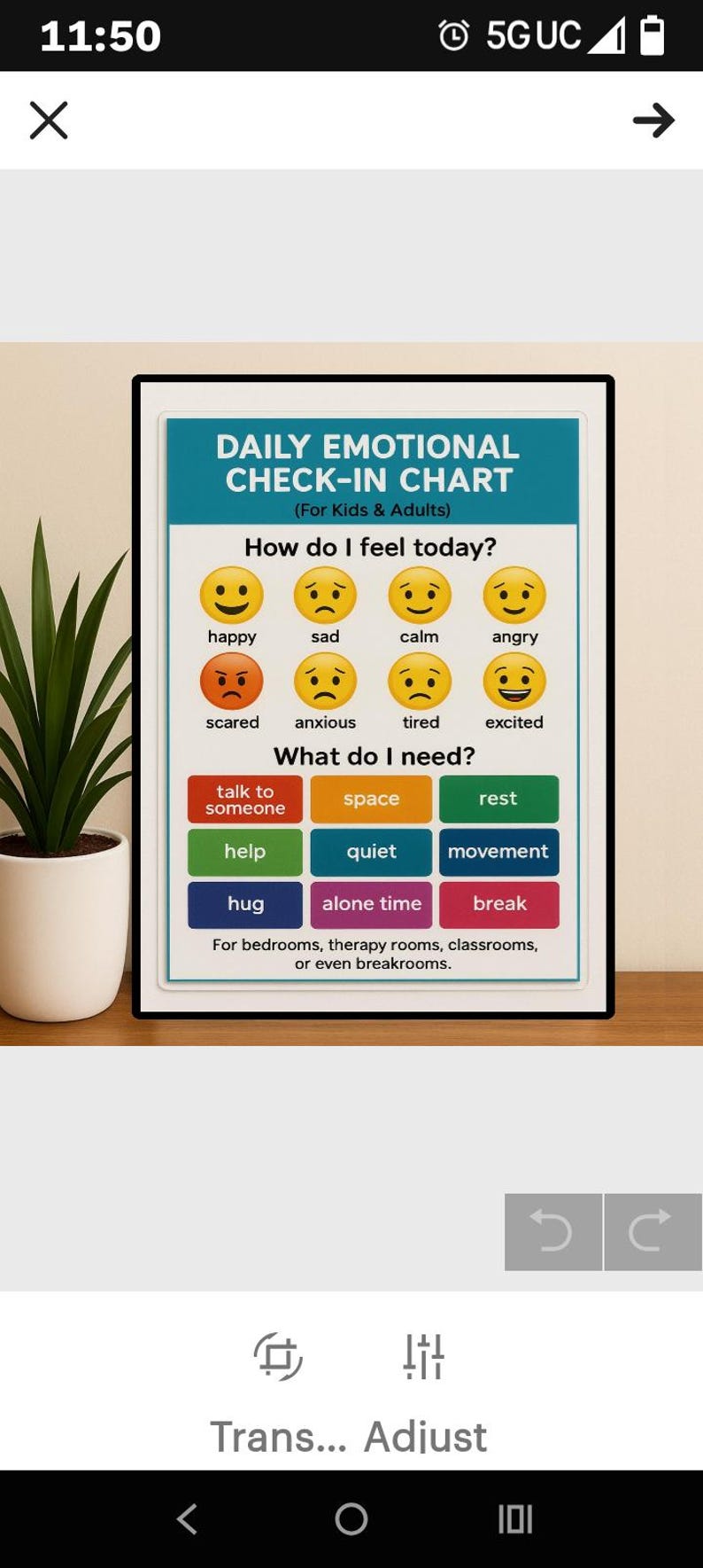 K&ouml;nnte beinhalten: Ein gerahmtes "Daily Emotional Check-In Chart" f&uuml;r Kinder und Erwachsene. Die Tabelle zeigt Emojis, die Gef&uuml;hle wie gl&uuml;cklich, traurig und w&uuml;tend darstellen. Sie listet auch Bed&uuml;rfnisse wie Raum, Ruhe und Hilfe auf. Geeignet f&uuml;r Schlafzimmer, Therapier&auml;ume und Klassenzimmer.