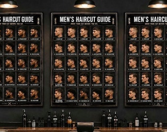 Könnte beinhalten: Drei identische schwarze Poster mit der Aufschrift MEN'S HAIRCUT GUIDE, KNOW YOUR CUT BEFORE YOU SIT, die nebeneinander hängen. Jedes Poster zeigt ein Raster aus 25 nummerierten Abbildungen verschiedener Haarschnitte auf dunklem Grund.