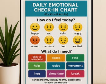 Könnte beinhalten: Ein gerahmtes "Daily Emotional Check-In Chart" für Kinder und Erwachsene. Die Tafel zeigt Emoji-Gesichter, die Emotionen wie glücklich, traurig und wütend darstellen. Sie listet auch Bedürfnisse wie Raum, Ruhe und eine Umarmung auf.