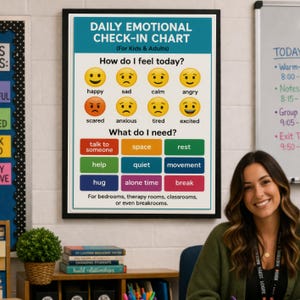K&ouml;nnte beinhalten: Ein gerahmtes "Daily Emotional Check-In Chart" mit Emojis, die Gef&uuml;hle wie gl&uuml;cklich, traurig und w&uuml;tend darstellen. Darunter schlagen farbige Bl&ouml;cke Bed&uuml;rfnisse wie "Ruhe" und "Zeit f&uuml;r sich" vor. Die Tafel ist f&uuml;r Kinder und Erwachsene konzipiert.