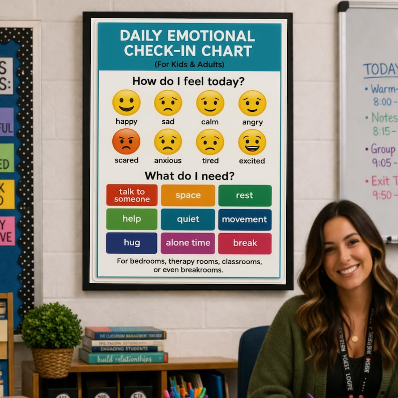 K&ouml;nnte beinhalten: Ein gerahmtes "Daily Emotional Check-In Chart" mit Emojis, die Gef&uuml;hle wie gl&uuml;cklich, traurig und w&uuml;tend darstellen. Darunter schlagen farbige Bl&ouml;cke Bed&uuml;rfnisse wie "Ruhe" und "Zeit f&uuml;r sich" vor. Die Tafel ist f&uuml;r Kinder und Erwachsene konzipiert.