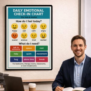 K&ouml;nnte beinhalten: Ein gerahmtes "Daily Emotional Check-In Chart" f&uuml;r Kinder und Erwachsene, mit Emoji-Gesichtern, die Gef&uuml;hle wie gl&uuml;cklich, traurig und w&uuml;tend darstellen. Die Tabelle listet auch Bed&uuml;rfnisse wie Ruhe und Raum auf. Der Text unten lautet: "F&uuml;r Schlafzimmer, Therapier&auml;ume, Klassenzimmer oder sogar Pausenr&auml;ume."