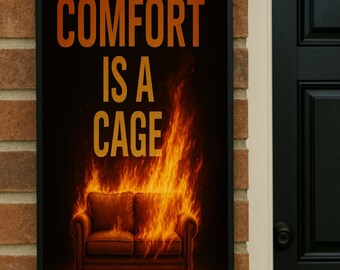 May include: A framed print featuring the text "COMFORT IS A CAGE" in orange. Below, a brown sofa is depicted in flames. The artwork is displayed on a brick wall, adjacent to a black door.