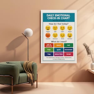 K&ouml;nnte beinhalten: Ein gerahmtes "Daily Emotional Check-In Chart" f&uuml;r Kinder und Erwachsene. Die Tafel zeigt eine t&uuml;rkisfarbene &Uuml;berschrift mit dem Titel und Emoji-Gesichtern, die Gef&uuml;hle wie gl&uuml;cklich, traurig und w&uuml;tend darstellen. Optionen sind verf&uuml;gbar.