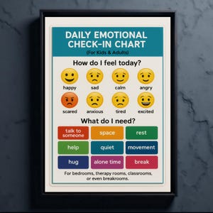 K&ouml;nnte beinhalten: Ein gerahmtes "T&auml;gliches Emotionales Check-in Chart" f&uuml;r Kinder und Erwachsene. Die Tafel hat eine t&uuml;rkisfarbene Kopfzeile und listet Gef&uuml;hle mit Emoji-Gesichtern auf, wie gl&uuml;cklich, traurig und w&uuml;tend. Es listet auch Bed&uuml;rfnisse wie Ruhe und Raum auf.