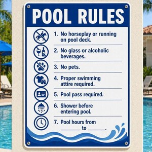 May include: A rectangular blue and white pool rules sign. The sign lists seven rules, including no horseplay, no glass, no pets, proper attire, pool pass required, shower before entering, and pool hours.