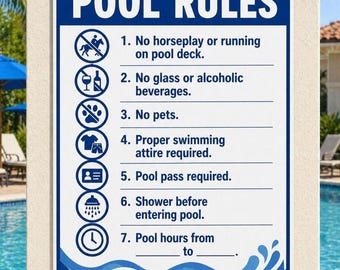 Custom Pool Rules Sign, Laminated Safety Decor, Personalized Backyard Hours (13x19)