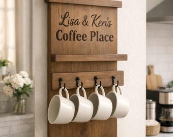 Personalized Coffee Mug Holder | Handmade Wood Cup Rack, Farmhouse Decor