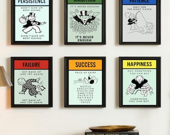 May include: Six framed motivational posters with black frames. The posters feature illustrations and text with themes of persistence, ambition, patience, failure, success, and happiness. The color scheme includes red, green, blue, and yellow.