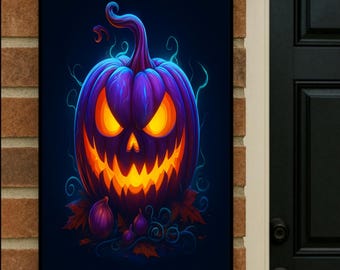Neon Jack-O’-Lantern Wall Art – Glowing Pumpkin Halloween Print, Spooky, Laminated Paint 13x19