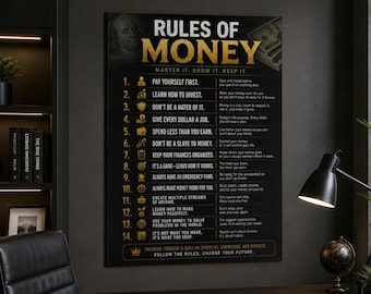 May include: Black framed poster with the words "RULES OF MONEY" in gold lettering. The poster lists 14 rules for financial success, with an image of Benjamin Franklin at the top left. The poster is displayed on a dark gray wall.
