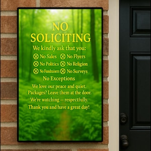 No Soliciting Sign: Forest Background, Gold Letters, Optional Frame